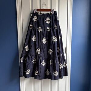 NVLT Women's Embroidered Tiered Cotton A-Line Maxi Skirt Small Navy Peasant Boho